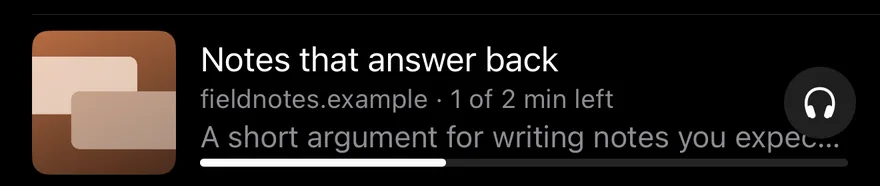 An article row reading one of two minutes left, with a progress bar under it